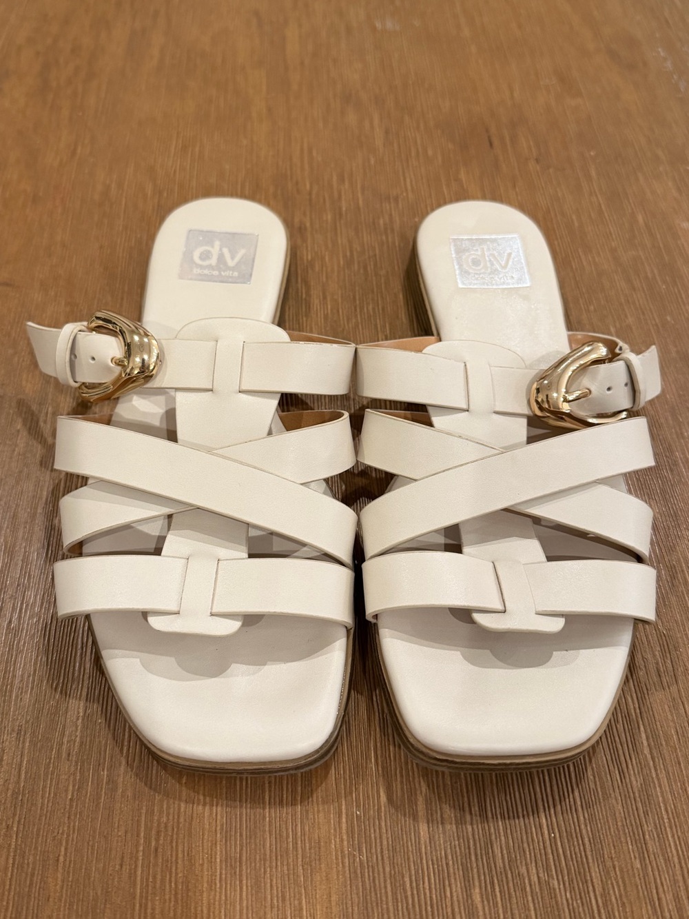 DV by Dolce Vita Ivory Braided Slide Sandals with Gold Buckle